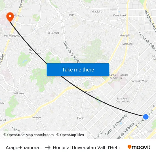 Aragó-Enamorats to Hospital Universitari Vall d'Hebron map
