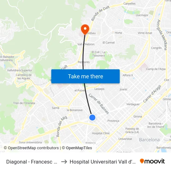 Diagonal - Francesc Macià to Hospital Universitari Vall d'Hebron map