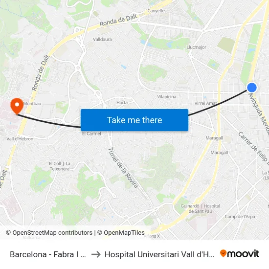 Barcelona - Fabra I Puig to Hospital Universitari Vall d'Hebron map