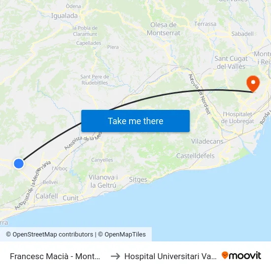 Francesc Macià - Montmell (Bisbal) to Hospital Universitari Vall d'Hebron map