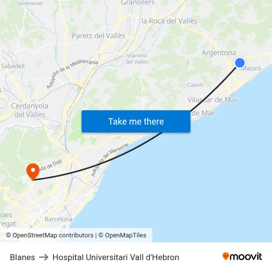 Blanes to Hospital Universitari Vall d'Hebron map