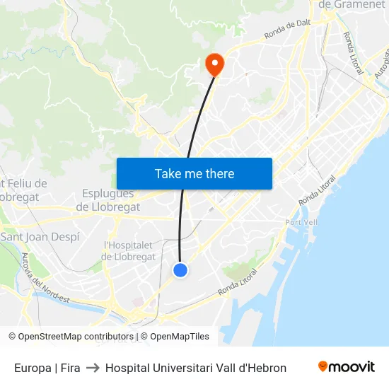 Europa | Fira to Hospital Universitari Vall d'Hebron map