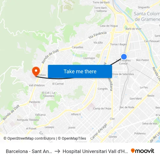 Barcelona - Sant Andreu to Hospital Universitari Vall d'Hebron map