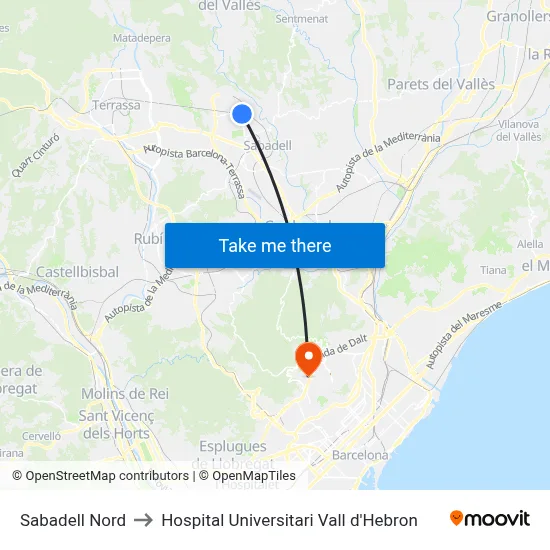Sabadell Nord to Hospital Universitari Vall d'Hebron map
