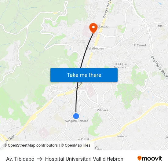 Av. Tibidabo to Hospital Universitari Vall d'Hebron map