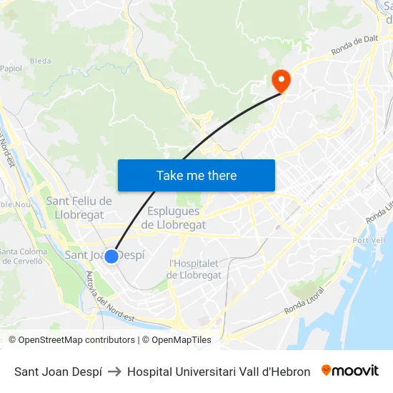 Sant Joan Despí to Hospital Universitari Vall d'Hebron map