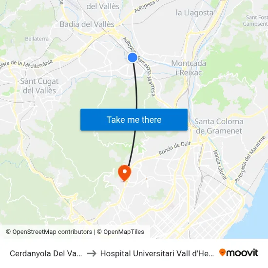 Cerdanyola Del Vallès to Hospital Universitari Vall d'Hebron map