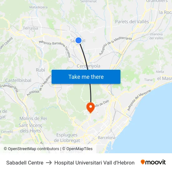 Sabadell Centre to Hospital Universitari Vall d'Hebron map