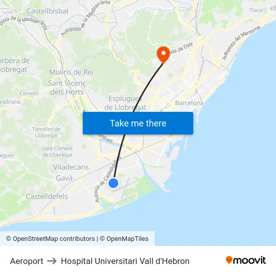 Aeroport to Hospital Universitari Vall d'Hebron map