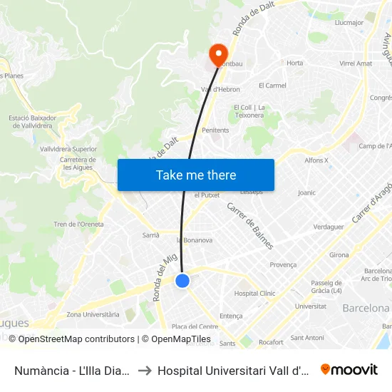 Numància - L'Illa Diagonal to Hospital Universitari Vall d'Hebron map