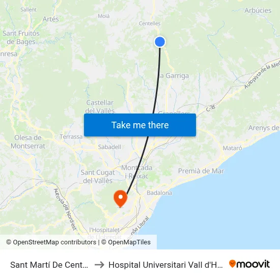 Sant Martí De Centelles to Hospital Universitari Vall d'Hebron map