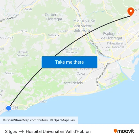 Sitges to Hospital Universitari Vall d'Hebron map