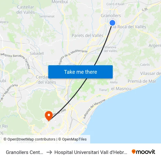 Granollers Centre to Hospital Universitari Vall d'Hebron map