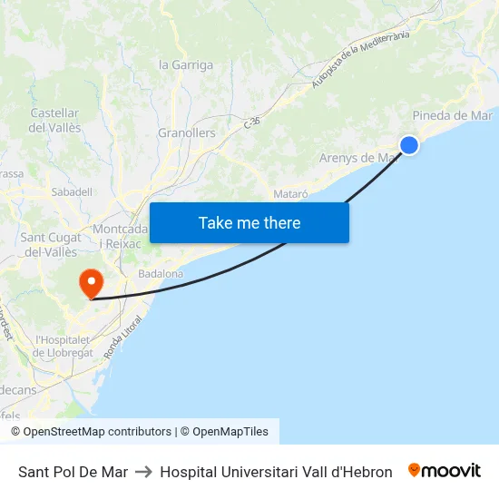 Sant Pol De Mar to Hospital Universitari Vall d'Hebron map
