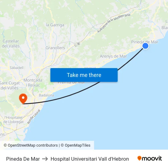 Pineda De Mar to Hospital Universitari Vall d'Hebron map