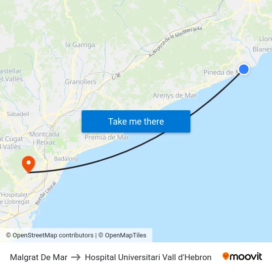 Malgrat De Mar to Hospital Universitari Vall d'Hebron map