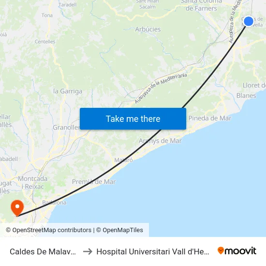 Caldes De Malavella to Hospital Universitari Vall d'Hebron map