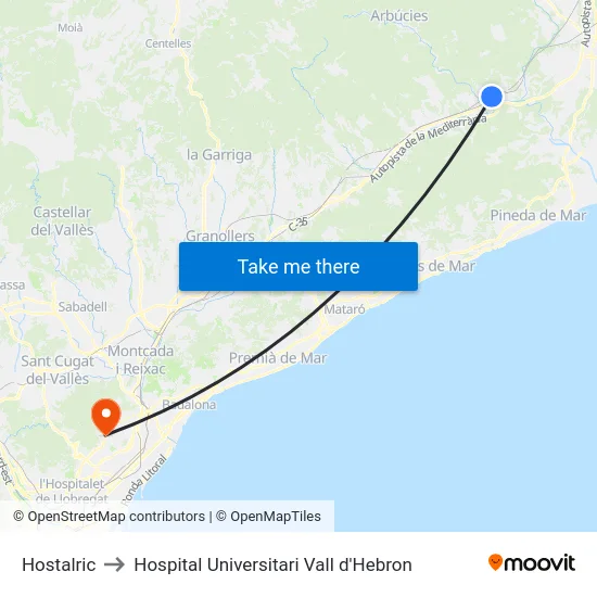 Hostalric to Hospital Universitari Vall d'Hebron map
