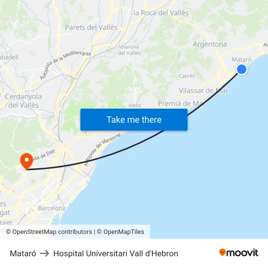 Mataró to Hospital Universitari Vall d'Hebron map