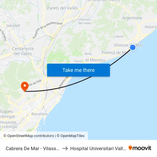 Cabrera De Mar - Vilassar De Mar to Hospital Universitari Vall d'Hebron map