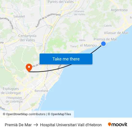 Premià De Mar to Hospital Universitari Vall d'Hebron map