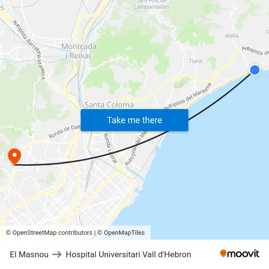 El Masnou to Hospital Universitari Vall d'Hebron map
