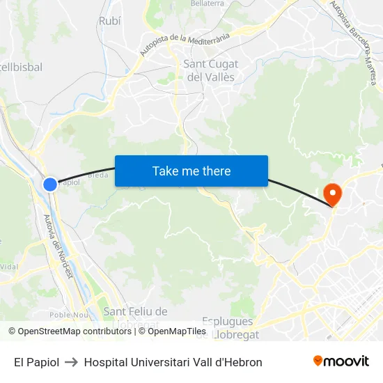 El Papiol to Hospital Universitari Vall d'Hebron map