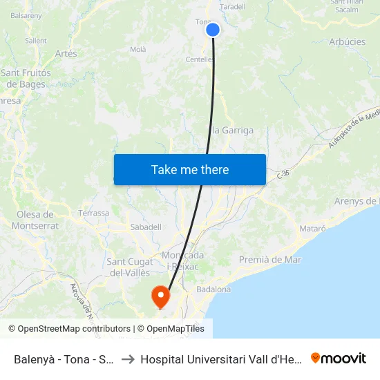 Balenyà - Tona - Seva to Hospital Universitari Vall d'Hebron map