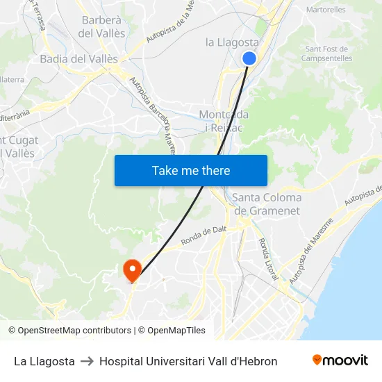 La Llagosta to Hospital Universitari Vall d'Hebron map