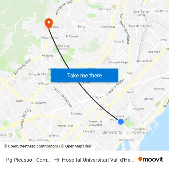 Pg Picasso - Comerç to Hospital Universitari Vall d'Hebron map
