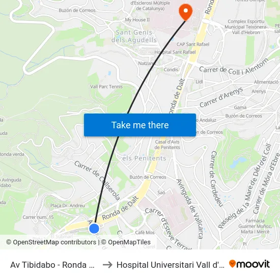 Av Tibidabo - Ronda De Dalt to Hospital Universitari Vall d'Hebron map