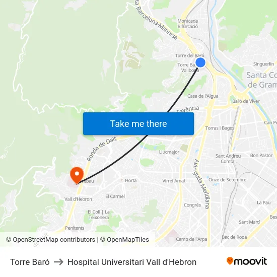 Torre Baró to Hospital Universitari Vall d'Hebron map