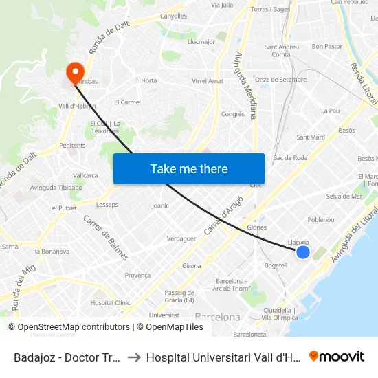 Badajoz - Doctor Trueta to Hospital Universitari Vall d'Hebron map