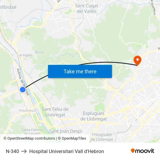 N-340 to Hospital Universitari Vall d'Hebron map