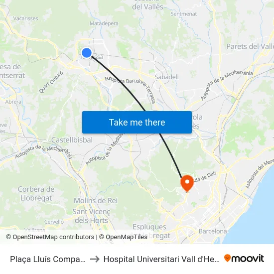 Plaça Lluís Companys to Hospital Universitari Vall d'Hebron map