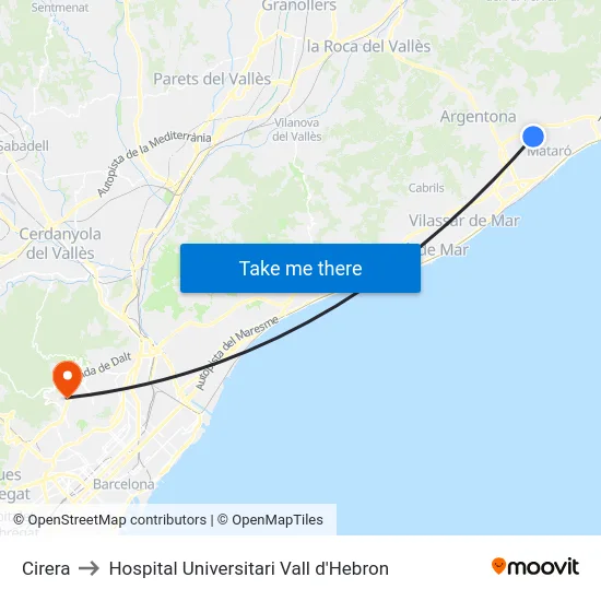 Cirera to Hospital Universitari Vall d'Hebron map