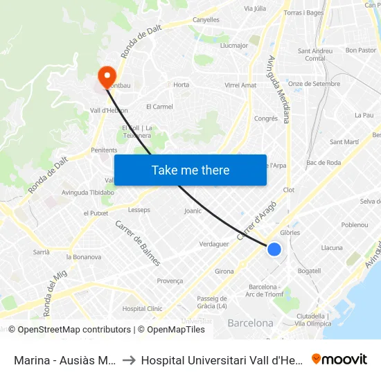 Marina - Ausiàs Marc to Hospital Universitari Vall d'Hebron map