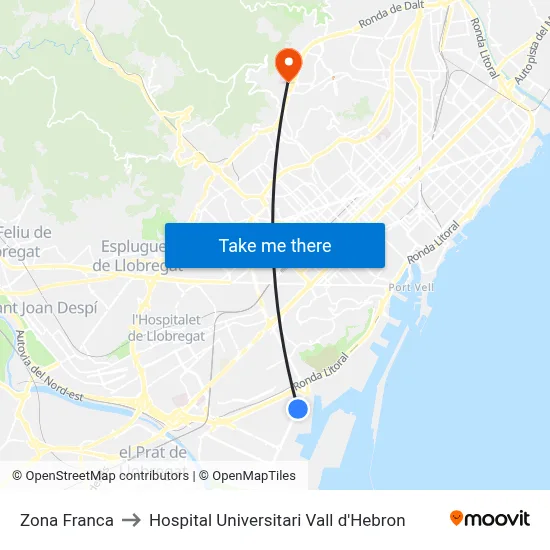 Zona Franca to Hospital Universitari Vall d'Hebron map