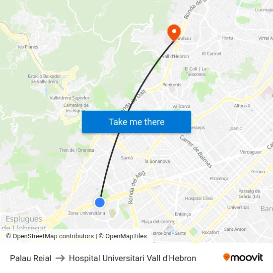 Palau Reial to Hospital Universitari Vall d'Hebron map