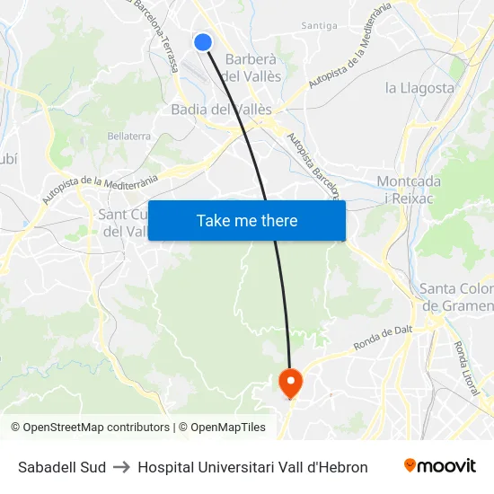 Sabadell Sud to Hospital Universitari Vall d'Hebron map