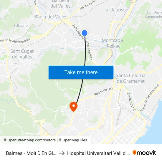 Balmes - Molí D'En Ginestar to Hospital Universitari Vall d'Hebron map