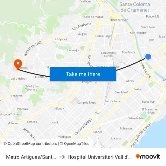 Metro Artigues/Sant Adrià to Hospital Universitari Vall d'Hebron map