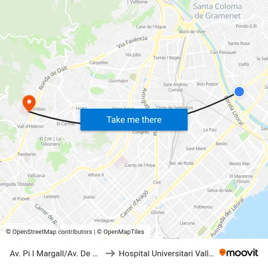 Av. Pi I Margall/Av. De Catalunya to Hospital Universitari Vall d'Hebron map
