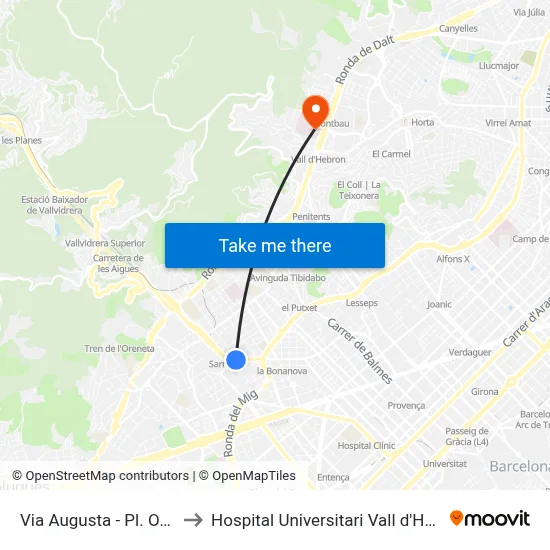 Via Augusta - Pl. Orient to Hospital Universitari Vall d'Hebron map