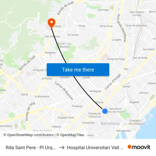 Rda Sant Pere - Pl Urquinaona to Hospital Universitari Vall d'Hebron map