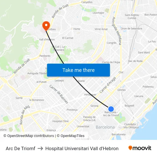 Arc De Triomf to Hospital Universitari Vall d'Hebron map