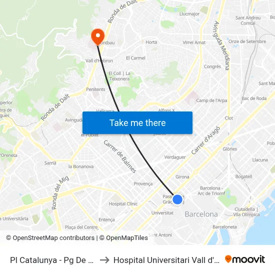 Pl Catalunya - Pg  De Gràcia to Hospital Universitari Vall d'Hebron map