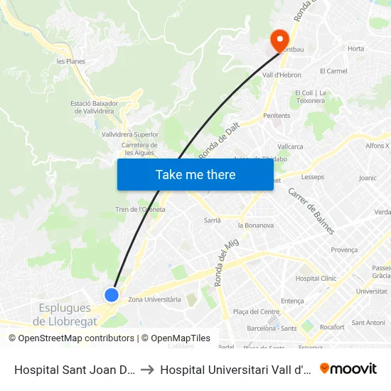 Hospital Sant Joan De Déu to Hospital Universitari Vall d'Hebron map