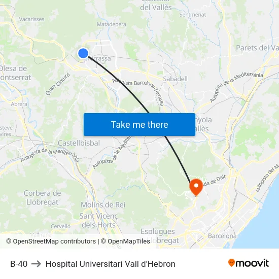 B-40 to Hospital Universitari Vall d'Hebron map