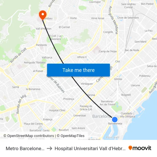 Metro Barceloneta to Hospital Universitari Vall d'Hebron map